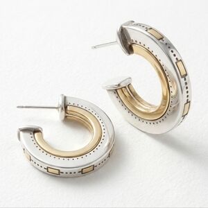 Vintage Solid Two-Tone 925 & Gold Milgrain J-Hoop  Modernist Earrings
